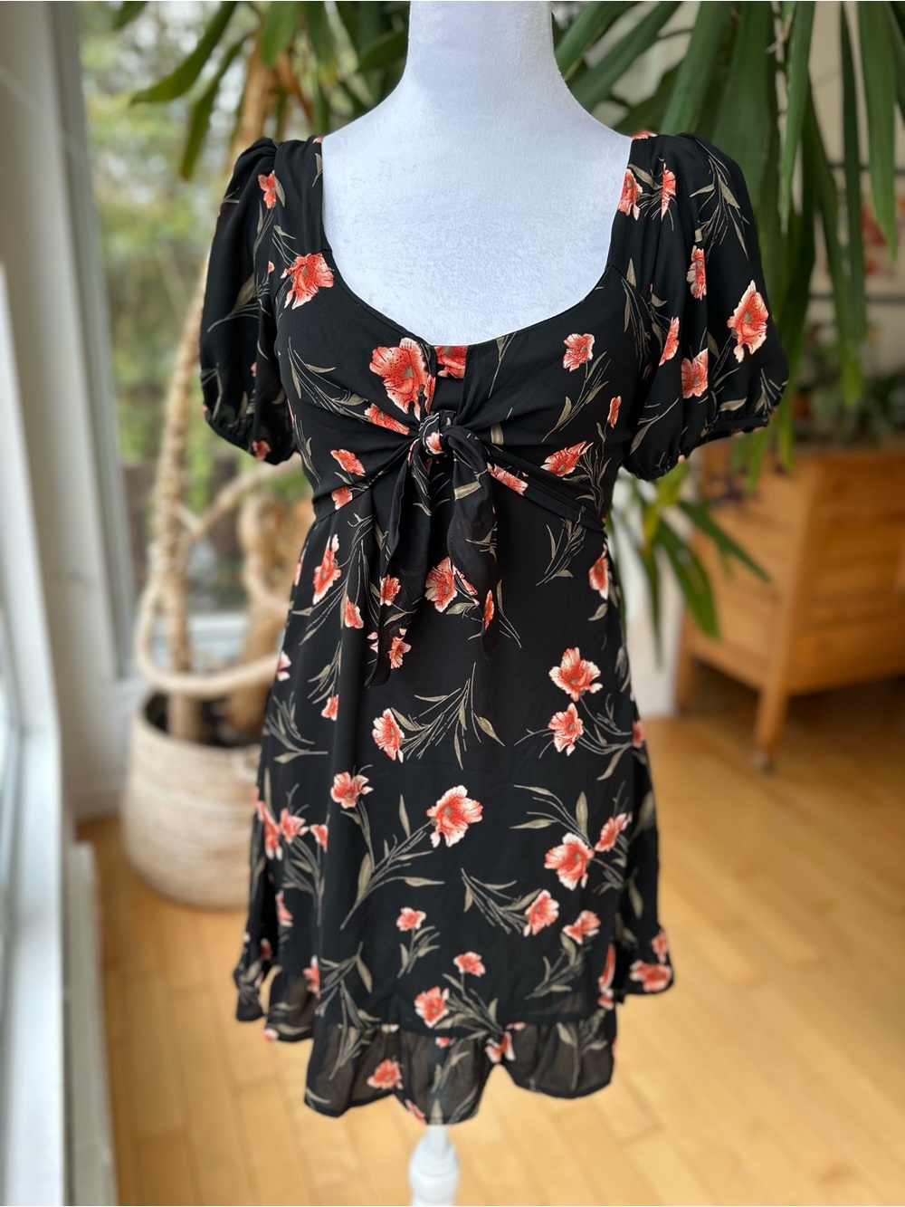 Sienna Sky Black Mini Dress with Coral Floral Print and Tie Front